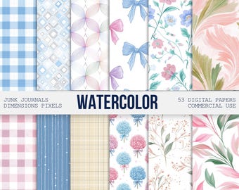 Watercolor Grandmillennial Seamless Patterns, Pastel Floral Pngs, Glitter, Digital Repeating pattern, Scrapbook Paper, Digital Download