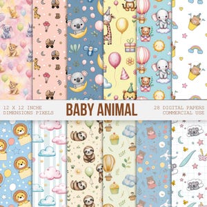 May include: A collection of digital papers with baby animal themes. The papers feature various patterns with cute illustrations of animals like koalas, giraffes, elephants, and sloths, along with balloons, stars, and clouds. The text "BABY ANIMAL" is displayed.