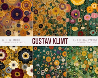 Gustav Klimt Inspired Flowers Seamless Pattern, Flowers Klimt Digital Paper, Klimt Floral Pattern, Commercial Use, Digital Download