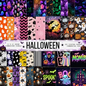 May include: A collection of 281 digital papers featuring Halloween themes including ghosts, pumpkins, skulls, bats, spiders, and haunted houses. The display includes text reading HALLOWEEN, 12 X 12 INCHE DIMENSIONS PIXELS, and 281 DIGITAL PAPERS COMMERCIAL USE.