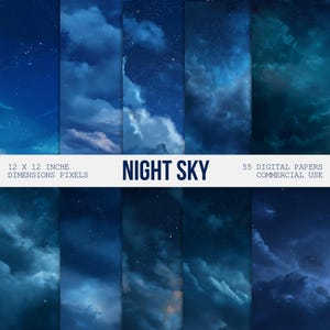 Más de 50 papeles digitales con cielos nocturnos, fondos de cielo, texturas, papeles para álbumes de recortes y diarios de recortes para uso comercial. Descarga digital.