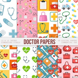 40+ digitalt papper för läkare, stetoskop, hjärta, sjukhus, sjukvård, sjuksköterska, medicinska sömlösa mönster, klippbokspapper för kommersiellt bruk