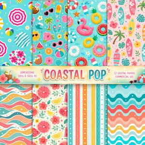 May include: A collection of 12 digital papers titled Coastal Pop, featuring repeating patterns of beach umbrellas, surfboards, tropical flowers, fruit slices, pool floats, and wavy lines in vibrant colors, with dimensions of 5016 x 5016 pixels.