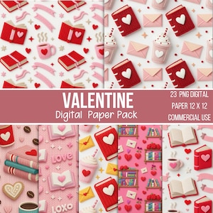 May include: A digital paper pack with Valentine's Day-themed designs. The patterns include red books with white hearts, pink envelopes, coffee cups, and banners. The text "VALENTINE Digital Paper Pack" is displayed. The pack includes 23 PNG digital papers, 12 x 12 inches, for commercial use.