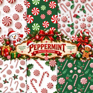 May include: A collection of digital papers featuring Christmas patterns with red and white peppermint candies, candy canes, holly leaves, and a central banner with the text PEPPERMINT DIGITAL PAPERS, a snowman, and a gingerbread man.