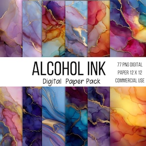 Op de afbeelding: Een digitaal papierpakket met 77 PNG-bestanden met alcoholinktontwerpen. De papieren tonen levendige kleuren zoals paars, blauw en goud, met een marmerachtig effect. De tekst "ALCOHOL INK Digital Paper Pack" is zichtbaar.