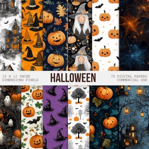 70+ Whimsical Halloween Digital Paper, Watercolor Spooky Cute Witchy Seamless Pattern Background, Gothic Vintage Ephemera, Pack of PNGs