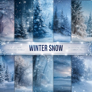 Puede incluir: Una colección de 54 papeles digitales con escenas de nieve invernal con pinos, paisajes helados y copos de nieve. Una banda blanca central muestra el texto WINTER SNOW, 12 X 12 INCH, DIMENSIONS PIXELS, 54 DIGITAL PAPERS.