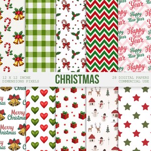 Merry Christmas Digital Paper, Winter Holiday Scrapbook Paper, Red and Green Paper, New Year Seamless Patterns, Xmas Printable Background