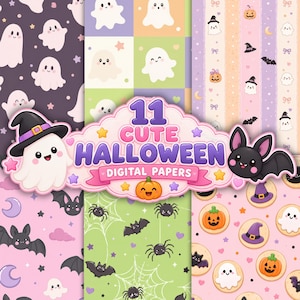 May include: A collection of 11 digital papers featuring Halloween themes with ghosts, bats, spiders, pumpkins, and witch hats in pastel and dark color palettes. The central text reads 11 CUTE HALLOWEEN DIGITAL PAPERS with a small pumpkin icon.