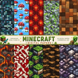 May include: A collection of Minecraft digital papers featuring pixelated textures including blue stone, red mushrooms on a blue sky, glowing lava, green mossy blocks, wood planks, magma, red and white patterns, grass blocks, dirt, and purple stone.