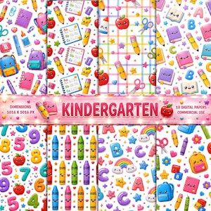 以下が含まれることがあります： 幼稚園をテーマにしたデジタルペーパーコレクション。バックパック、鉛筆、リンゴ、本、クレヨン、ハサミ、文字などの可愛い文房具のイラストが描かれており、KINDERGARTENおよび5016 X 5016 PXというテキストが含まれています。