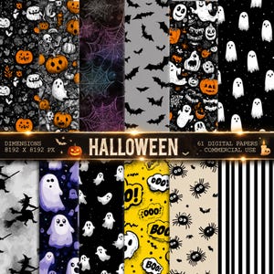 May include: A collection of 61 digital papers featuring Halloween patterns including orange pumpkins, white ghosts, black spiderwebs, bats, witches on broomsticks, spiders, and the text BOO on yellow backgrounds, with dimensions of 8192 x 8192 px.
