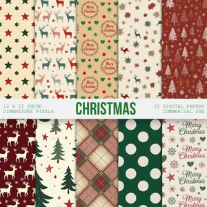 Weihnachten Digital Papiere, nahtloses digitales Papier für kommerzielle Nutzung, Schneeflocken, Bäume, Hirsch, Junk Journals, digitaler Download