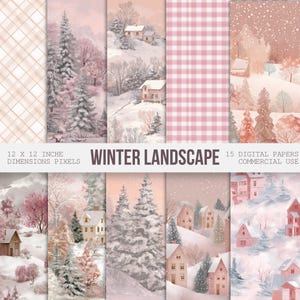 Blush rosa Winter Landschaft Digitales Papier, Vintage Weihnachtsentwürfe, Nahtloses digitales Papier, Junk Journals, digitaler Download