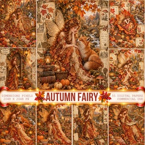 May include: A digital collage featuring an autumn fairy with wings, surrounded by foxes, pumpkins, and fall foliage. The text reads Autumn Fairy, 55 Digital Papers, Commercial Use, and Dimensions Pixels 2048 x 2048 px.