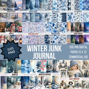 May include: A collection of 595 digital PNG files for junk journals featuring winter themes. The set includes 12 x 12 inch papers with illustrations of snowy landscapes, cabins, deer, gnomes, cozy sweaters, and floral patterns in blue and white.