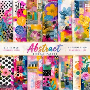 May include: A collection of 54 digital papers featuring abstract designs with vibrant pink, yellow, blue, and black patterns. The papers include floral motifs, polka dots, and geometric shapes. Text on the image reads: 12 x 12 inch, Abstract Digital Papers, 54 Digital Papers, Commercial Use.