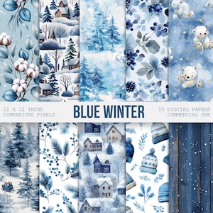 50+ Blue Winter Digital Patterns, Watercolor Snow Digital Papers, Nordic Winter Scrapbook Papers, Christmas Planner, Digital Download
