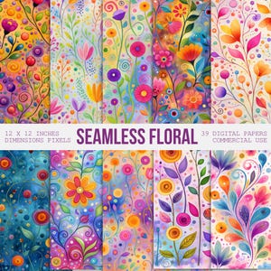 Diseños florales sin costuras, flores de acuarela abstractas y coloridas, papeles digitales florales, papeles para scrapbooking, uso comercial.