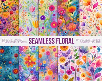Seamless Floral Patterns, Whimsical Abstract Colorful Watercolor Flowers, Floral Digital Papers, Scrapbooking Papers, Commercial Use