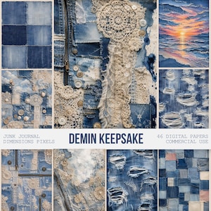 以下が含まれることがあります： DEMIN KEEPSAKEと題された46種類のデジタルペーパーコレクション。青いデニム生地、パッチワーク柄、ほつれた縁のダメージ加工、クリーム色のレース、金属製のジッパー、ボタン、そして夕日の海の風景がデザインされています。