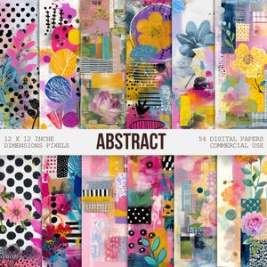 Abstracte collage digitaal papier, mixed mediakunst digitaal papier, plakboekpapier, commercieel gebruik, stippen, strepen, levendige collage