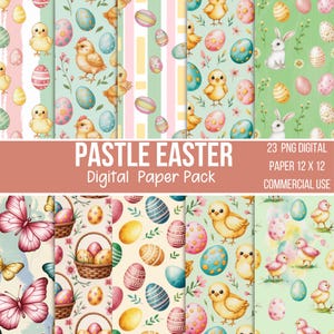 Peut inclure: Un ensemble de papiers numériques sur le thème de Pâques pastel. Le design comprend des illustrations de poussins, d'œufs de Pâques, de papillons et de lapins. Le texte "PASTLE EASTER Digital Paper Pack" est affiché sur une bannière pêche. Le pack comprend 23 papiers numériques PNG, chacun de 30,48 x 30,48 cm.