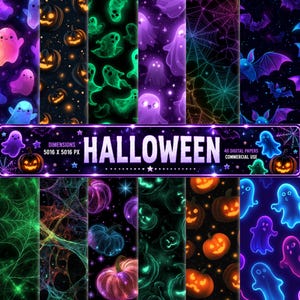 Halloween Digital Paper Pack, Glowing Jack-o-lanterns, Ghosts, Bats (Digital Download)