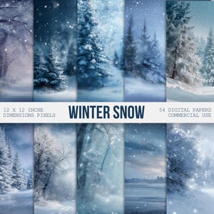 Más de 50 papeles digitales con nieve invernal, fondos de paisajes fantásticos, copos de nieve, fondo de bosque nevado, diario basura, scrapbooking, collage