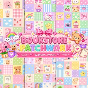 Peut inclure: Une collection de papiers numériques intitulée BOOKSTORE PATCHWORK comprenant 22 feuilles avec des motifs à carreaux pastel, des oursons, lapins, cupcakes, arcs-en-ciel, appareils photo et thé boba. Le texte indique 12 X 12 INCH 300 DPI COMMERCIAL USE.
