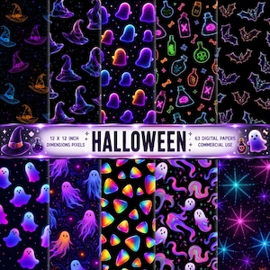 Neon Halloween Digital Papers, Spooky Ghosts, Bats, Witch Hats (Digital Download)