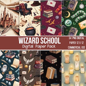 以下が含まれることがあります： 魔法学校をテーマにしたデジタルペーパーパック。城、フクロウ、本、帽子、巻物、封筒など、さまざまなパターンが含まれています。「WIZARD SCHOOL Digital Paper Pack」のテキストが表示されます。用紙サイズは30.48 x 30.48 cmです。