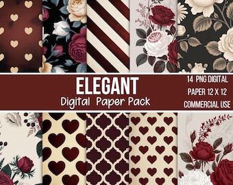 Elegant Burgundy Digital Papers Pack, Vintage Printable Scrapbook Papers, Wedding Digital Paper, Rose Paper Pack, Instant Download