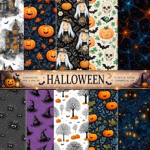 Pacchetto di carte digitali ad acquerello a tema Halloween, per uso commerciale (75 file PNG)