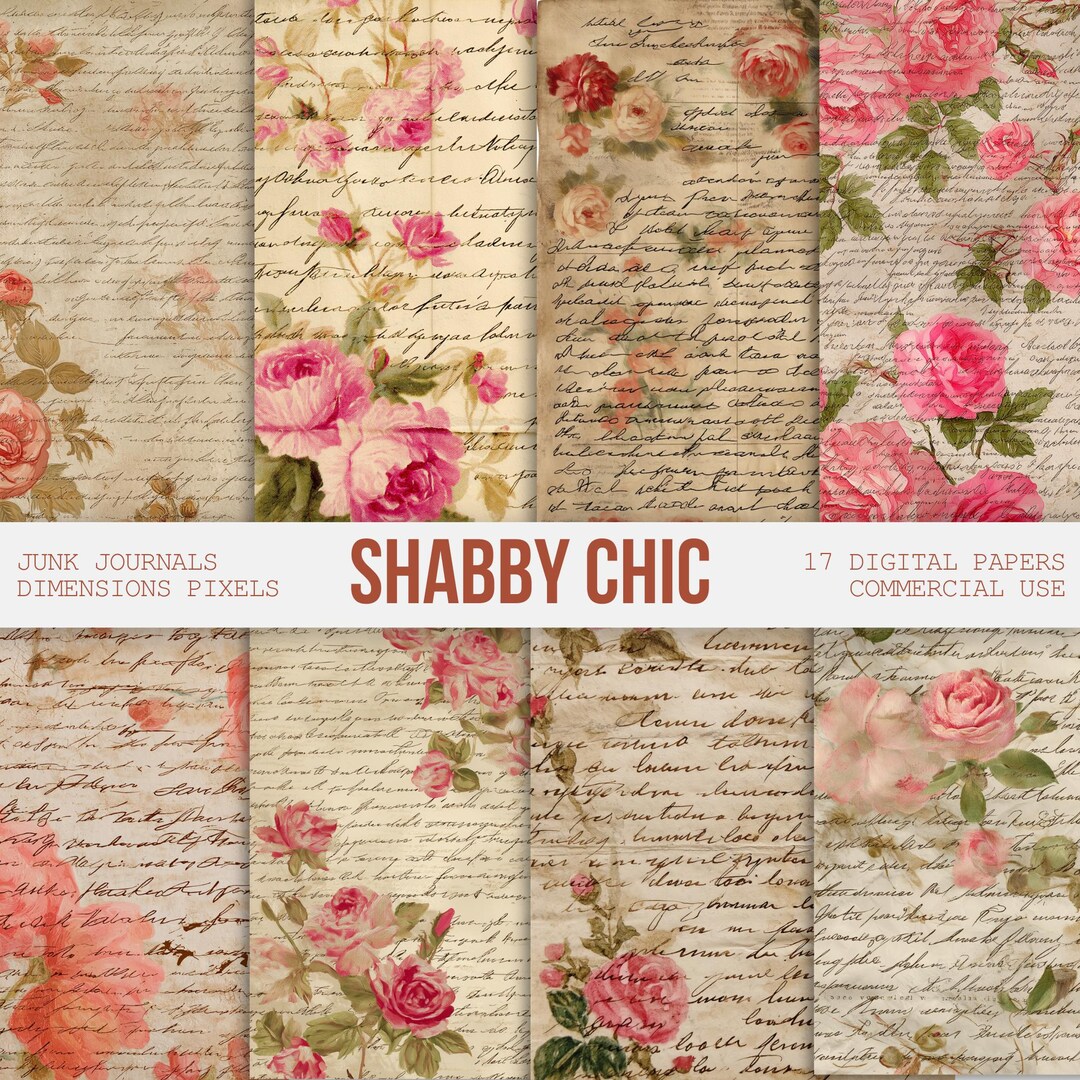 Shabby Chic Rose Digital Papers, Vintage Floral Junk Journal Papers ...