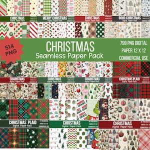 Könnte beinhalten: Eine Sammlung digitaler Papierpakete zum Thema Weihnachten. Das Bild zeigt verschiedene Muster, darunter Karomuster, festliche Ornamente und Weihnachtsfiguren. Die Pakete sind mit dem Text "CHRISTMAS" beschriftet und enthalten die Anzahl der PNG-Dateien und die Papiergröße.