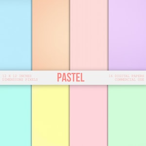 May include: A collection of sixteen digital pastel papers in various soft colors, including blue, peach, pink, and green. The papers are 12 x 12 inches in size and are suitable for commercial use. The word "PASTEL" is displayed in the center.
