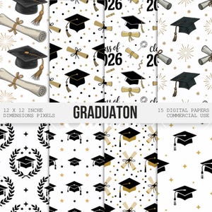 Könnte beinhalten: Eine Sammlung von 15 digitalen Papieren mit Mustern zum Thema Abschlussfeier auf weißem Hintergrund. Die Designs zeigen schwarze Doktorhüte mit goldenen Quasten, gerollte Diplome, goldene Sterne, schwarze Punkte und den Text "class of 2026".