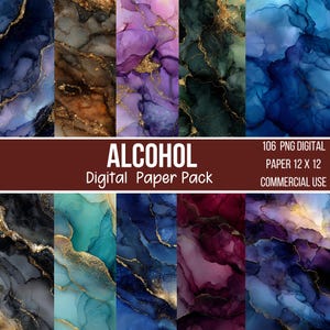 May include: A digital paper pack featuring abstract alcohol ink designs in various colors, including blue, purple, and green, with gold accents. The text "ALCOHOL Digital Paper Pack" is displayed on a brown banner. The pack includes 106 PNG digital papers, each 12 x 12 inches.
