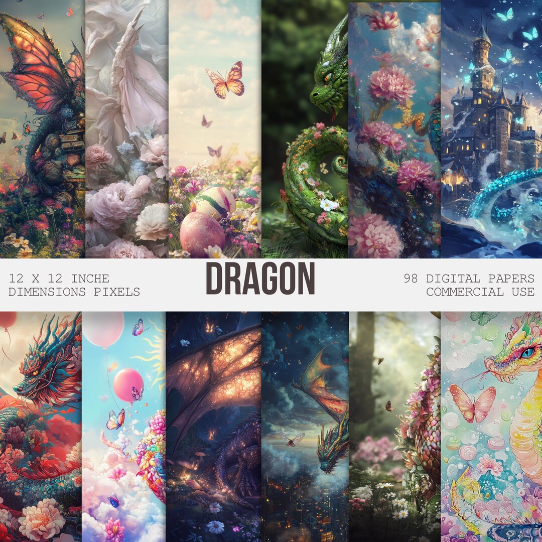 Fantasy Dragon Land Digital Paper, Magical Mystery Dragon Digital Paper ...