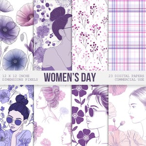 Papel digital para el Día Internacional de la Mujer, Papeles de scrapbooking con temática de Girl Power, Regalo de moño desordenado para ella, Estampado floral rosa primaveral, Planificador feminista