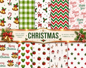 Digitales Weihnachtspapier, Winterliches Scrapbook-Papier, Rotes und grünes Papier, Nahtlose Neujahrsmuster, Druckbarer Weihnachtshintergrund