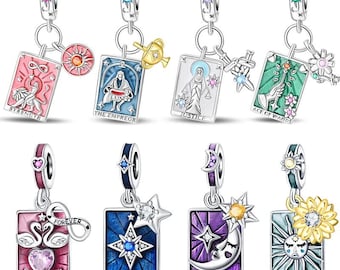 Tarot Card Charms for Bracelets – 925 Sterling Silver Enamel Dangle Charms | The Moon, The Sun, The Lovers, Justice | Witchy Gift