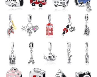 925 Sterling Silver Charms Love Travel London Bus Suitcase Paris Beads Fit Bracelets Women DIY Jewelry