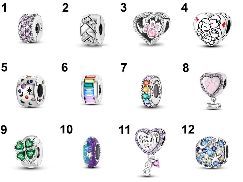 May include: A collection of silver charm beads with various designs. Includes beads with colorful gemstones, a paw print, a family, a four-leaf clover, and a star design. Some beads have the text "Best Friend".