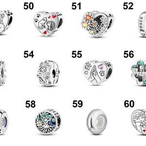 May include: A collection of silver-colored charm beads with various designs. Some charms are heart-shaped, featuring angel, pet, and family themes. Others include floral, gemstone, and tree-of-life motifs. One charm has the word "peace" and another "Friend".
