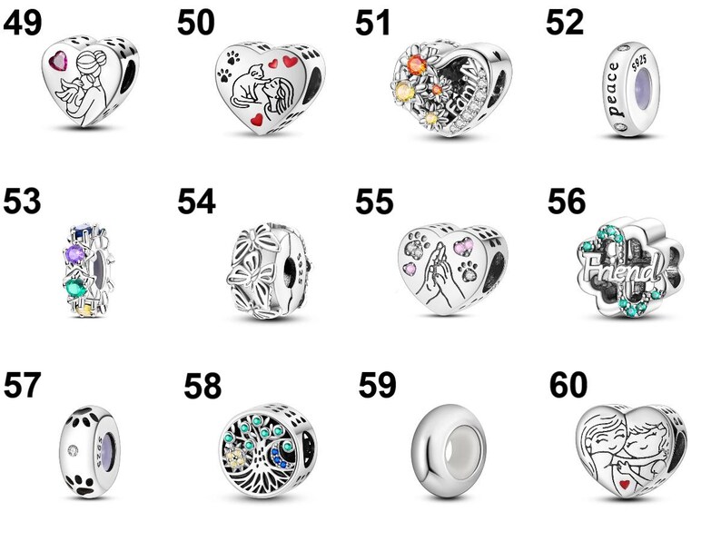 May include: A collection of silver-colored charm beads with various designs. Some charms are heart-shaped, featuring angel, pet, and family themes. Others include floral, gemstone, and tree-of-life motifs. One charm has the word "peace" and another "Friend".