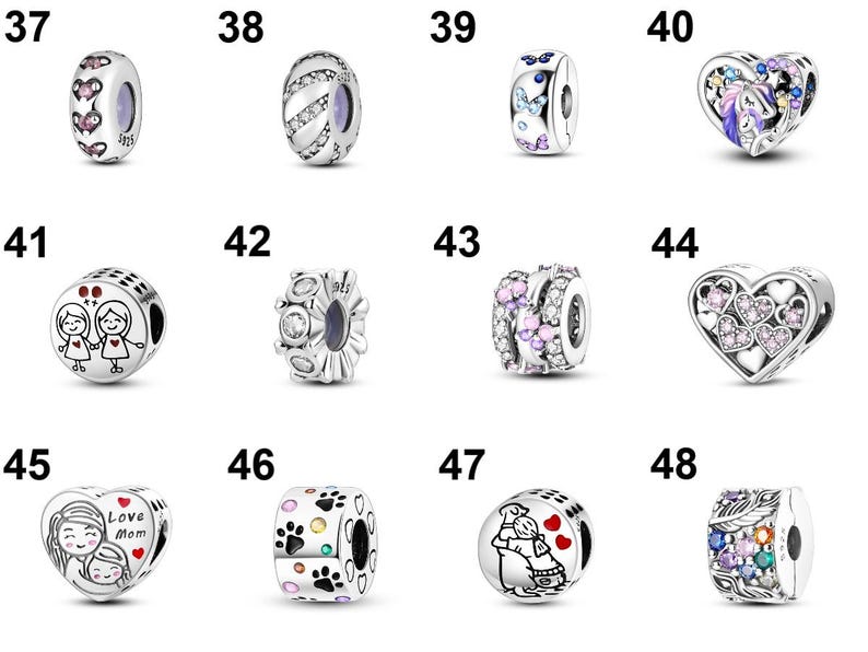 May include: A collection of silver charm beads with various designs. Some beads feature hearts, butterflies, paw prints, and illustrations of people. Others have crystal and gemstone accents. These beads are designed for bracelets.