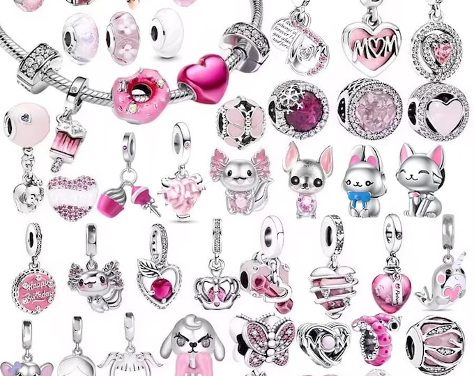 Pink & Silver Charm Beads for Bracelets–Love,Animals,Flowers,Cupcake,Birthday Dangle Pendants–European style Bracelet, Gift For Her